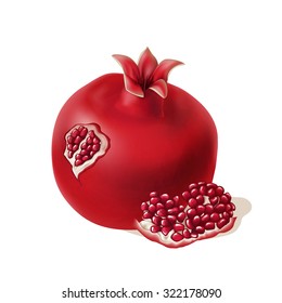 Vector realistic pomegranate set with piece with grains . EPS 10 illustration for food design and packaging. 