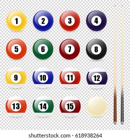 Vector realistic pool - billiard balls and cue closeup isolated on transparent background. Design template in EPS10.