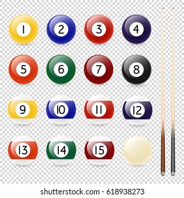 Vector realistic pool - billiard balls and cue closeup isolated on transparent background. Design template in EPS10.