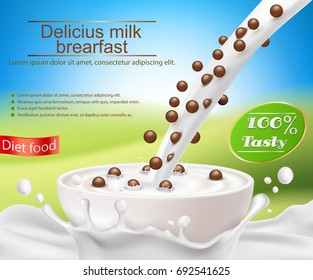 Vector cartaz realista com um respingo de leite e leite com um café da manhã cereal derramando em um copo, bolas de cereal de chocolate. Elemento de design para embalagem e publicidade de um novo produto para uma dieta saudável