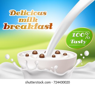 Vector realistic poster with a milk splash and milk pouring into a cup with a cereal breakfast, chocolate cereal balls. Design element for packaging and advertising a new product for a healthy diet