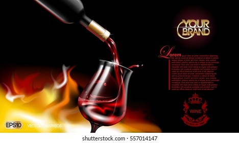 Vector Realistic Pouring Red Wine Glass. Logo advertise mock up. Vibrant background with place for your branding. 3d illustration  future design of  product