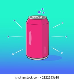 El diseño de paquetes de productos vectoriales realistas para bebidas de aluminio de metal rosado puede en un verano caliente con burbujas de aire encima Behind es un fondo azul-verde. aislar