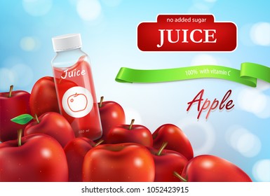 Vector realistic promo banner of apple juice, poster for advertising liquid in plastic bottle, glass jar. 3d template for product, concept with ripe apples on blue background