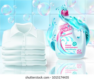 Vector realistic promo banner of washing powder, poster for advertising liquid detergent in bottle, jar. 3d template for product, concept with soap bubbles, foam. Bathroom background for internet, web