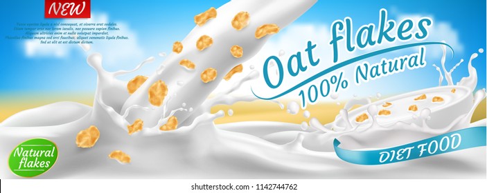 Vector realistic promotion banner of oat flakes in milk or yogurt splashes. Natural cereals, healthy diet food for morning breakfast. Mockup for brand advertising, product packaging design