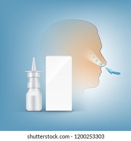 Vector realistic pump nasal spray with blank white box and human head silhouette on background