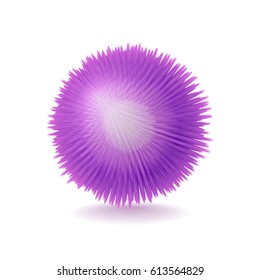 Vector realistic purple fluffy sphere. Furry soft round 3d isolated object. Fashion trend violet pompon style element