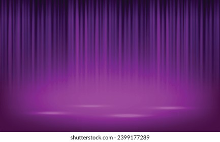 Vector realistic purple theatrical closed curtain of shiny material with reflection on stage floor vector illustration.
