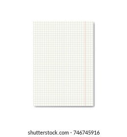 Vector realistic quadrille or graph paper sheet with margins. Copybook, notebook or exercise book blank page, school organizer mockup or template for your text