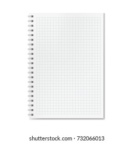 Vector Realistic Quadrille Or Graph Ruled Notebook. Copybook With Blank Quad Paper On Metallic Ring Spiral, Organizer Mockup Or Template For Your Text