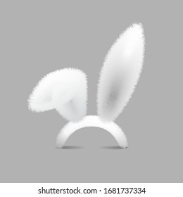 Vector realistic rabbit ears. Detailed hare, bunny ears easter spring holiday poster, banner, invitation card decoration. Photo booth props, selfie apps costume. Isolated background illustration