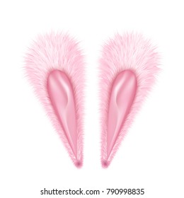 Vector realistic rabbit ears. Detailed pink hare, bunny ears easter spring holiday poster, banner, invitation card decoration. Photo booth props, selfie apps costume. Isolated background illustration