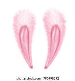 Vector realistic rabbit ears. Detailed pink hare, bunny ears easter spring holiday poster, banner, invitation card decoration. Photo booth props, selfie apps costume. Isolated background illustration