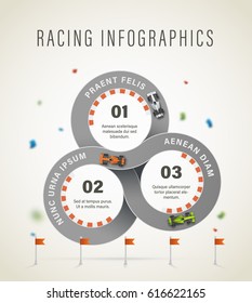 Vector realistic racetrack infographics. Cool and trendy racing chart template. Three round copyspaces and racecars making circles on the road.