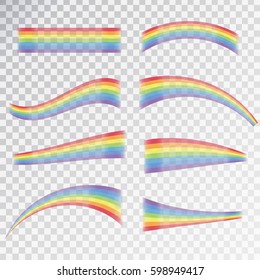 Vector realistic rainbow effect in different shapes on the transparent background.