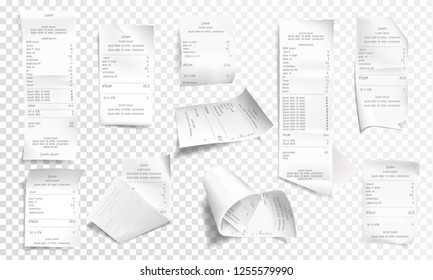Vector realistic receipt collection, white paper with payment isolated on transparent background. Creased financial printout for shop, store. Retail bill, rumpled commercial check or invoice.