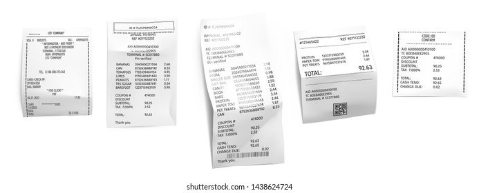 Vector realistic receipts, bills, commercial checks isolated on white background. Vector illustration. Can be use for your design, promo and etc for shop, store. EPS10.	
