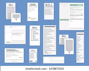 Vector realistic receipts, bills, commercial checks. Paying bills. Payment of utility, bank, restaurant and other bills. Flat design modern vector illustration concept.