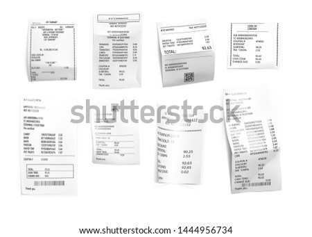 Vector realistic receipts, bills, commercial checks isolated on white background. Vector illustration. Can be use for your design, promo and etc for shop, store. EPS10.