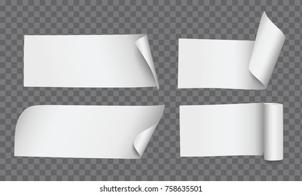 Vector realistic rectangle paper notes with curled corners and rolled edges isolated on transparent background