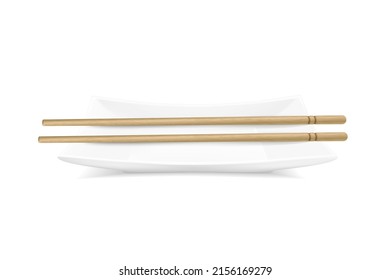 Vector realistic rectangular plate with bamboo sticks. Illustration of sushi table serving. View from the top