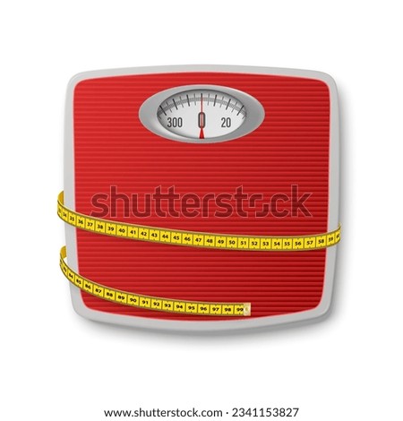Vector Realistic Red Bathroom Scales with Measuring Yellow Tape. Bathroom Body Weight Scales Closeup Isolated. Classic Retro Bathroom Floor Scale Design Template. Slimming, Weight Loss Concept