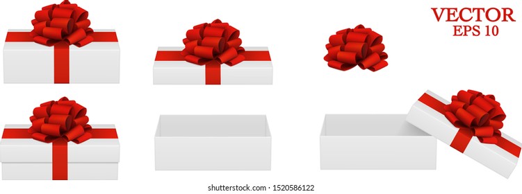 Vector realistic red bow made of ribbon. Open and closed gift, perspective view. Isolated on white. EPS 10