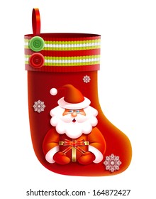 Vector realistic red Christmas boot. Santa Claus gives gifts.