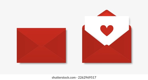 Vector Realistic Red Closed, Opened Envelope with Letter and Heart Inside. Folded and Unfolded Envelope Icon Closeup Isolated. Message, Valentines Day, Congratulations, Surprise, Secret, Love Concept