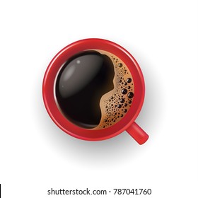 Vector realistic red cup, mug of brown coffee with foam bubbles top view closeup. Hot beverage, drink in white ceramic, porcelain cup. Business, morning symbol, isolated illustration, whie background