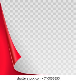 Vector realistic red curved corner for paper of any color with shadow isolated on the transparent background.