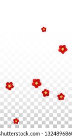 Vector Realistic Red Flowers Falling on Transparent Background.  Spring Romantic Flowers Illustration. Flying Asian Rose Spa Design. Blossom Confetti. Design Elements for  Card Design.