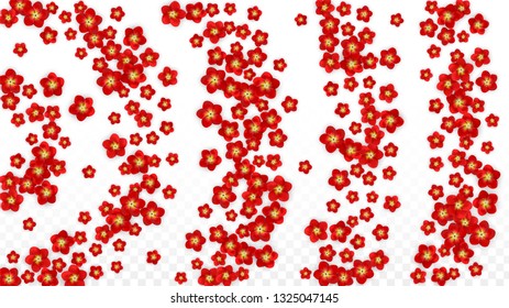 Vector Realistic Red Flowers Falling on Transparent Background.  Spring Romantic Flowers Illustration. Flying Asian Rose Spa Design. Blossom Confetti. Design Elements for  Banner Design.