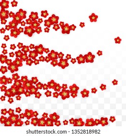 Vector Realistic Red Flowers Falling on Transparent Background.  Spring Romantic Flowers Illustration. Flying Asian Rose Spa Design. Blossom Confetti. Design Elements for  Banner Design.