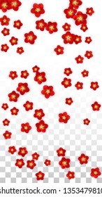 Vector Realistic Red Flowers Falling on Transparent Background.  Spring Romantic Flowers Illustration. Flying Asian Rose Spa Design. Blossom Confetti. Design Elements for  Wedding Decoration.