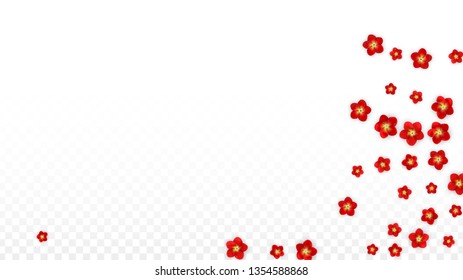 Vector Realistic Red Flowers Falling on Transparent Background.  Spring Romantic Flowers Illustration. Flying Asian Rose Spa Design. Blossom Confetti. Design Elements for  Mother's Day.