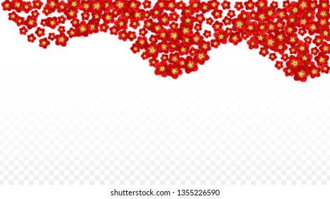 Vector Realistic Red Flowers Falling on Transparent Background.  Spring Romantic Flowers Illustration. Flying Asian Rose Spa Design. Blossom Confetti. Design Elements for  Cover Design.