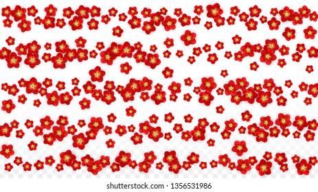 Vector Realistic Red Flowers Falling on Transparent Background.  Spring Romantic Flowers Illustration. Flying Asian Rose Spa Design. Blossom Confetti. Design Elements for  Poster Design. 