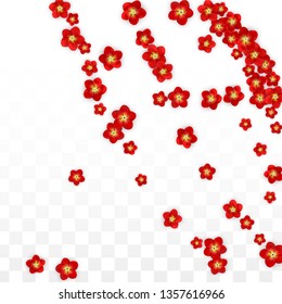 Vector Realistic Red Flowers Falling on Transparent Background.  Spring Romantic Flowers Illustration. Flying Asian Rose Spa Design. Blossom Confetti. Design Elements for  Poster Design. 