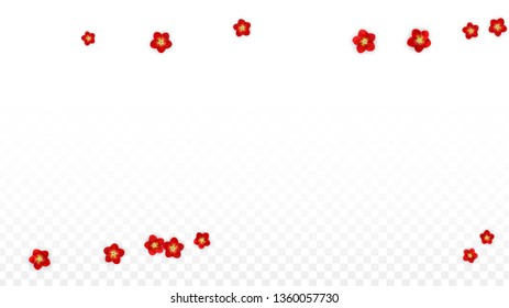 Vector Realistic Red Flowers Falling on Transparent Background.  Spring Romantic Flowers Illustration. Flying Asian Rose Spa Design. Blossom Confetti. Design Elements for  St. Valentine Day.