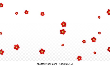 Vector Realistic Red Flowers Falling on Transparent Background.  Spring Romantic Flowers Illustration. Flying Asian Rose Spa Design. Blossom Confetti. Design Elements for  8 March Card.