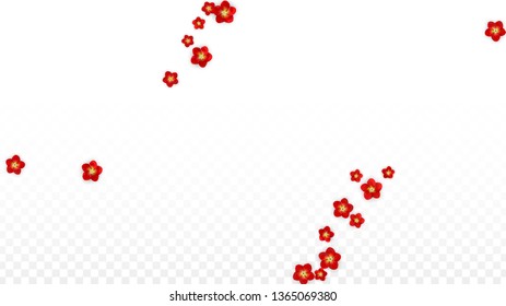 Vector Realistic Red Flowers Falling on Transparent Background.  Spring Romantic Flowers Illustration. Flying Asian Rose Spa Design. Blossom Confetti. Design Elements for  Web Design.
