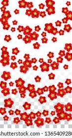 Vector Realistic Red Flowers Falling on Transparent Background.  Spring Romantic Flowers Illustration. Flying Asian Rose Spa Design. Blossom Confetti. Design Elements for  Card Design.