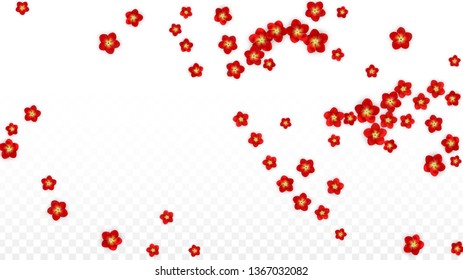 Vector Realistic Red Flowers Falling on Transparent Background.  Spring Romantic Flowers Illustration. Flying Asian Rose Spa Design. Blossom Confetti. Design Elements for  Card Design.