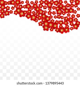 Vector Realistic Red Flowers Falling on Transparent Background.  Spring Romantic Flowers Illustration. Flying Asian Rose Spa Design. Blossom Confetti. Design Elements for  St. Valentine Day.