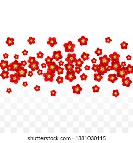 Vector Realistic Red Flowers Falling on Transparent Background.  Spring Romantic Flowers Illustration. Flying Asian Rose Spa Design. Blossom Confetti. Design Elements for  St. Valentine Day.