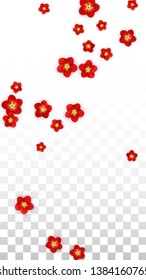Vector Realistic Red Flowers Falling on Transparent Background.  Spring Romantic Flowers Illustration. Flying Asian Rose Spa Design. Blossom Confetti. Design Elements for  Card Design.