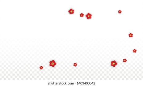 Vector Realistic Red Flowers Falling on Transparent Background.  Spring Romantic Flowers Illustration. Flying Asian Rose Spa Design. Blossom Confetti. Design Elements for  Web Design.