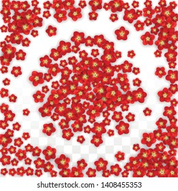 Vector Realistic Red Flowers Falling on Transparent Background.  Spring Romantic Flowers Illustration. Flying Asian Rose Spa Design. Blossom Confetti. Design Elements for  Card Design.